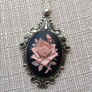 Rose Necklace Cameo Pendant Victorian Setting Pink